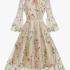 Amazon Cream Embroidered Floral Long Sleeve A-Line Dress